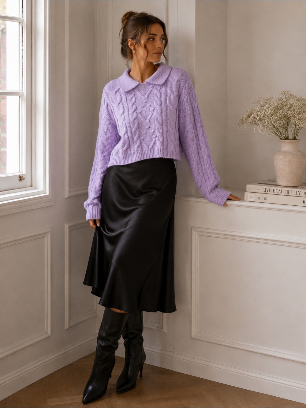 Lavender Cable-Knit Collared Sweater